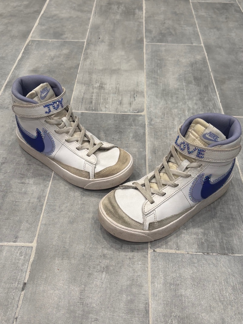 Nike 1Y Mid 77 Blazers White Purple Bedazzled Bling Joy Love Custom Sneakers